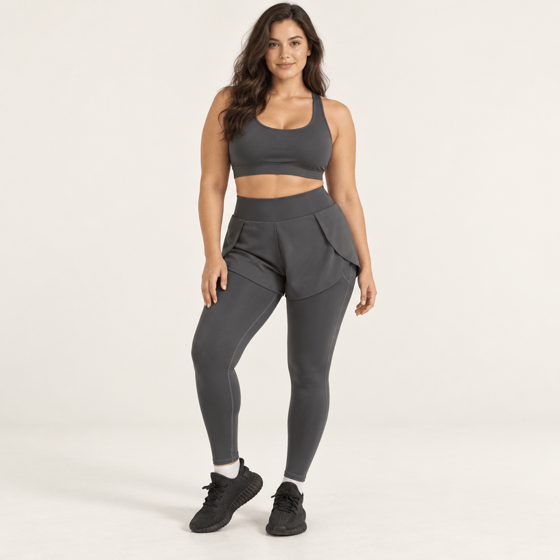 Legging short 2 en 1 gris vu de face, short superposé sur le collant intégré