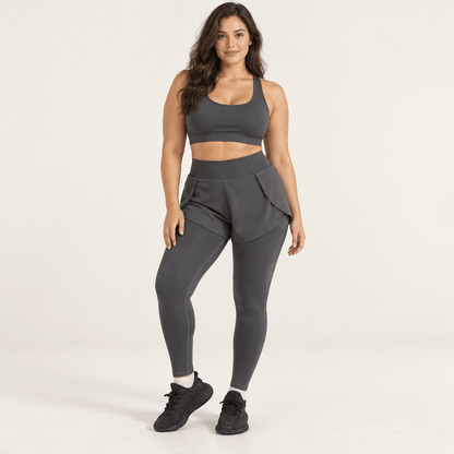 Legging short 2 en 1 gris vu de face, short superposé sur le collant intégré