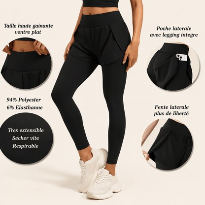 Détails du legging short 2 en 1 : taille haute, poche latérale avec téléphone, fente latérale, 94 % polyester 6 % élasthanne