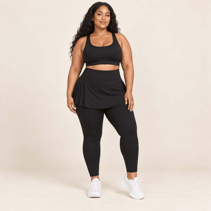 Jupe legging grande taille noire vue de face, jupe plissée sur legging long