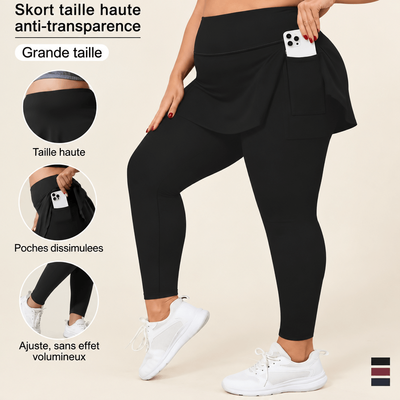 Détails de la jupe legging grande taille : taille haute, poches dissimulées avec téléphone, coupe ajustée sans volume