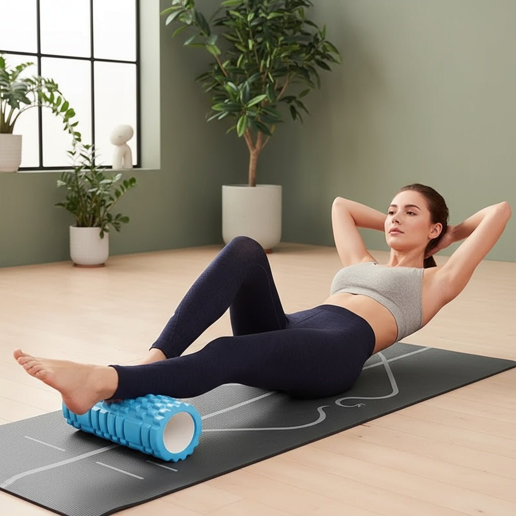 Ambiance détente avec le rouleau de massage musculaire utilisé le soir à la maison.