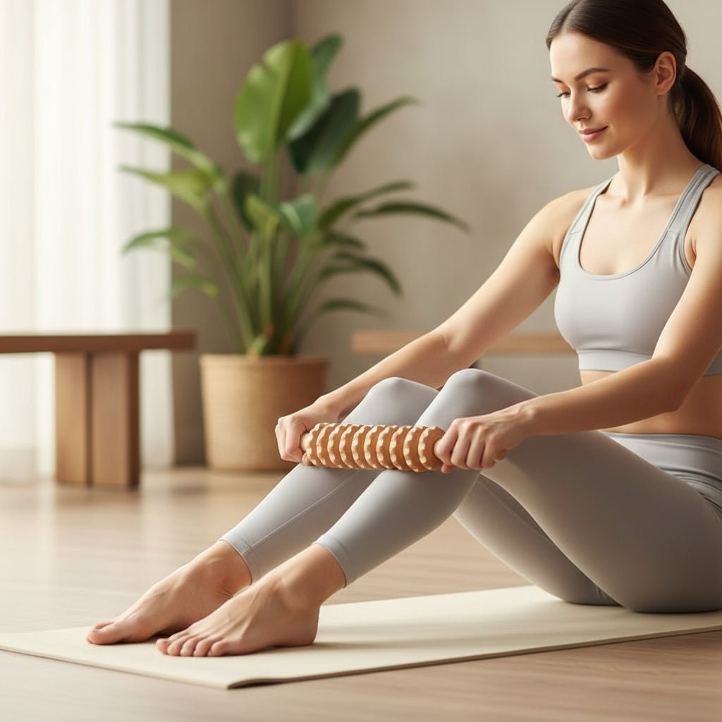 Ambiance spa à la maison avec le bâton de massage en bois sur une serviette blanche.