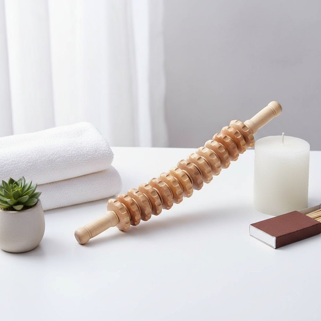 Bâton de massage en bois naturel Positiflow avec rouages sculptés.