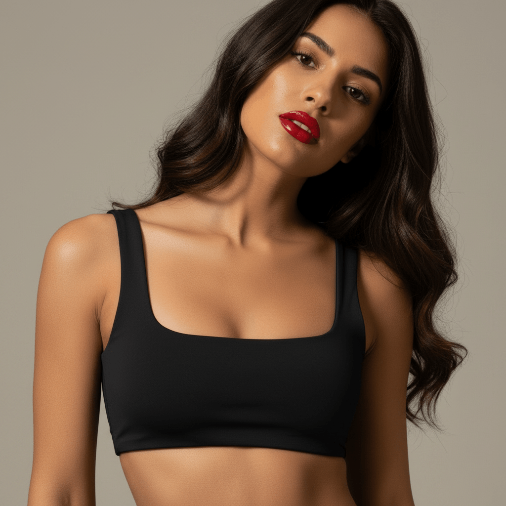 Une femme portant une brassière sport femme noire, conçue comme une brassière sport maintien fort pour le running