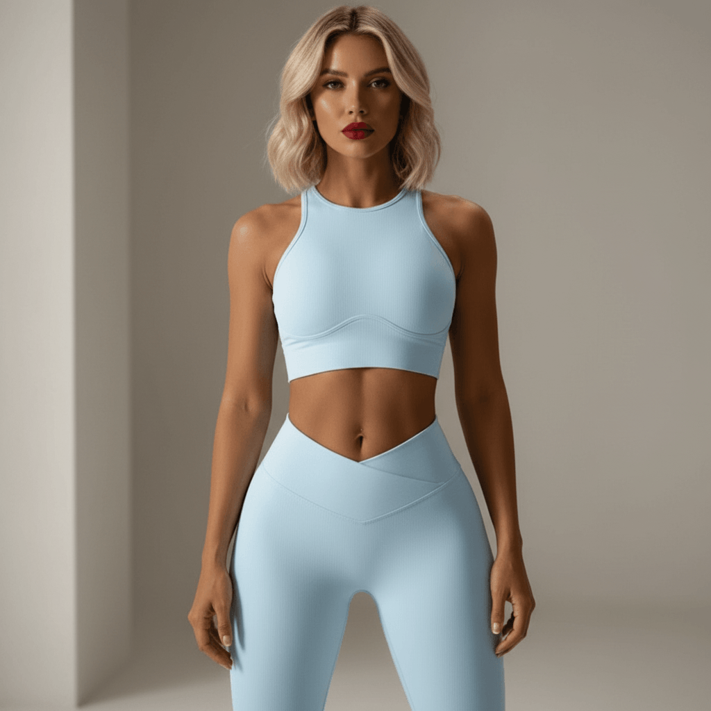 Haut sport bleu ciel côtelé push up maintien parfait musculation fitness