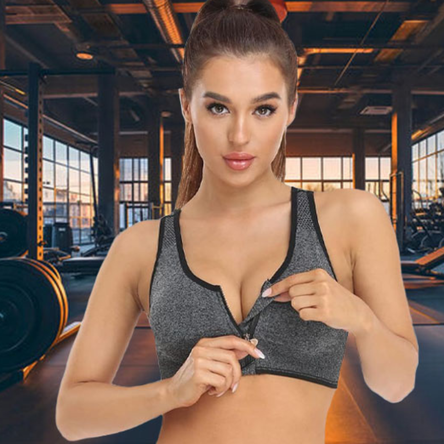 Brassière femme sport fermeture éclair push up valorisant galbe naturel