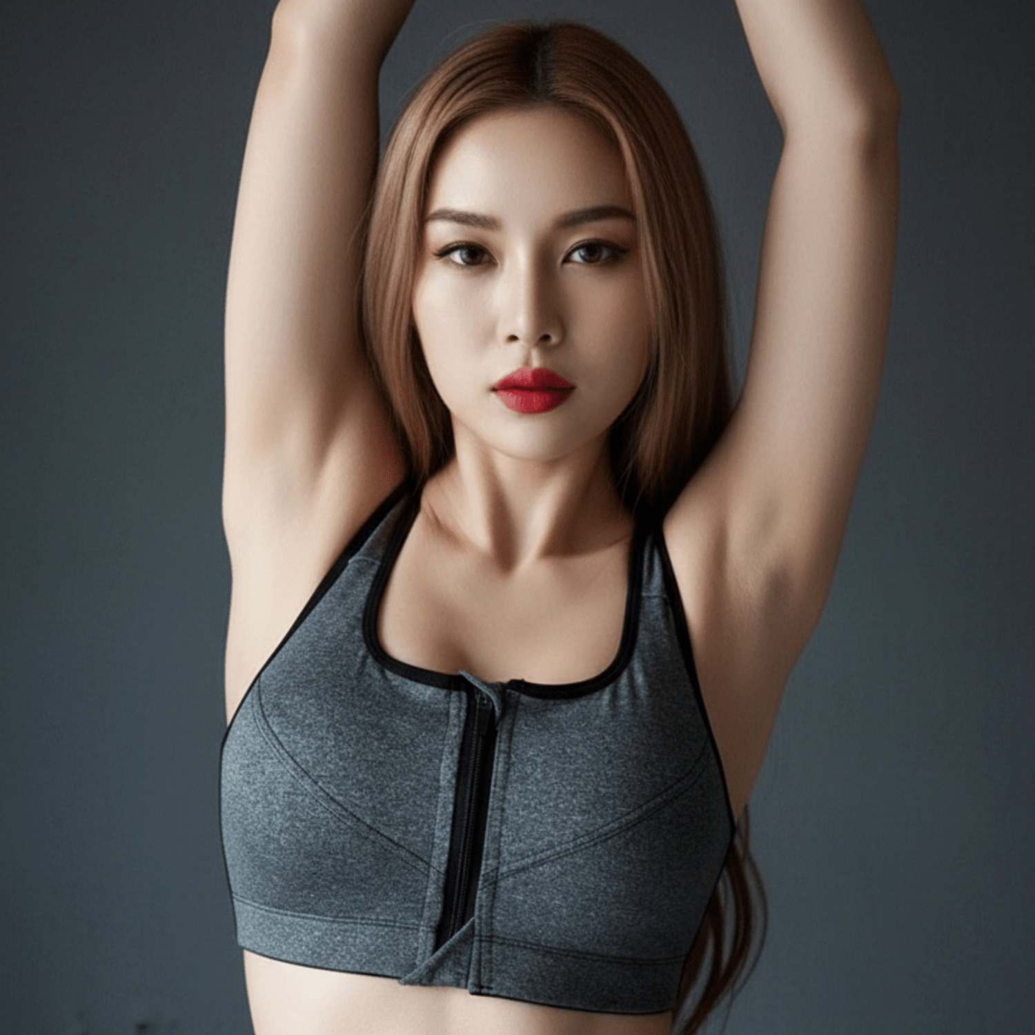 Brassière femme sport fermeture éclair push up grise vue de face