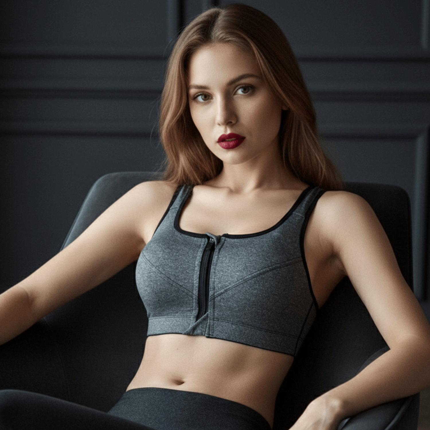 Brassière sport femme fermeture éclair avant push up gris sans fil bonnets A-F