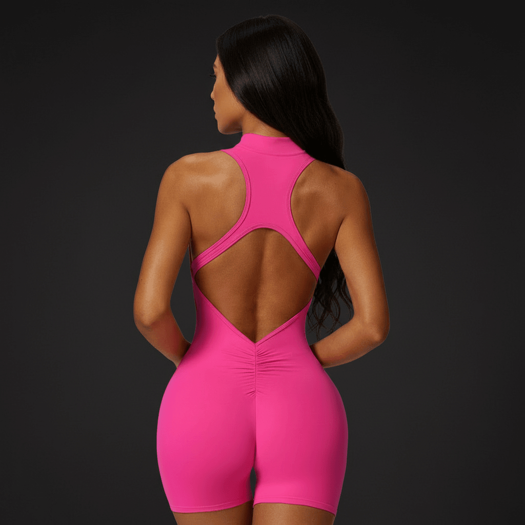 Combie shorte femme vue de dos, design dos nu ergonomique combinaison yoga