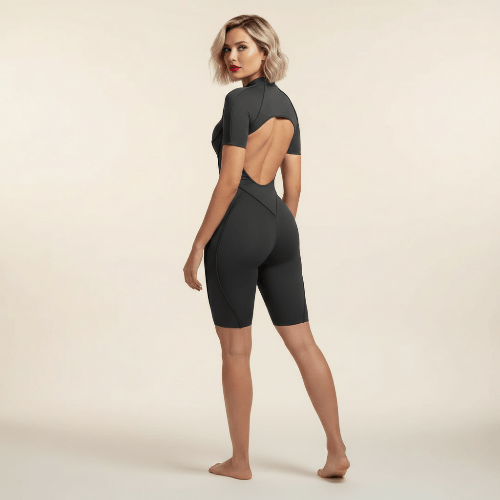 Combinaison fitness femme gris anthracite vue de dos, dos ouvert, bandes croisées V, shorts mi-cuisse
