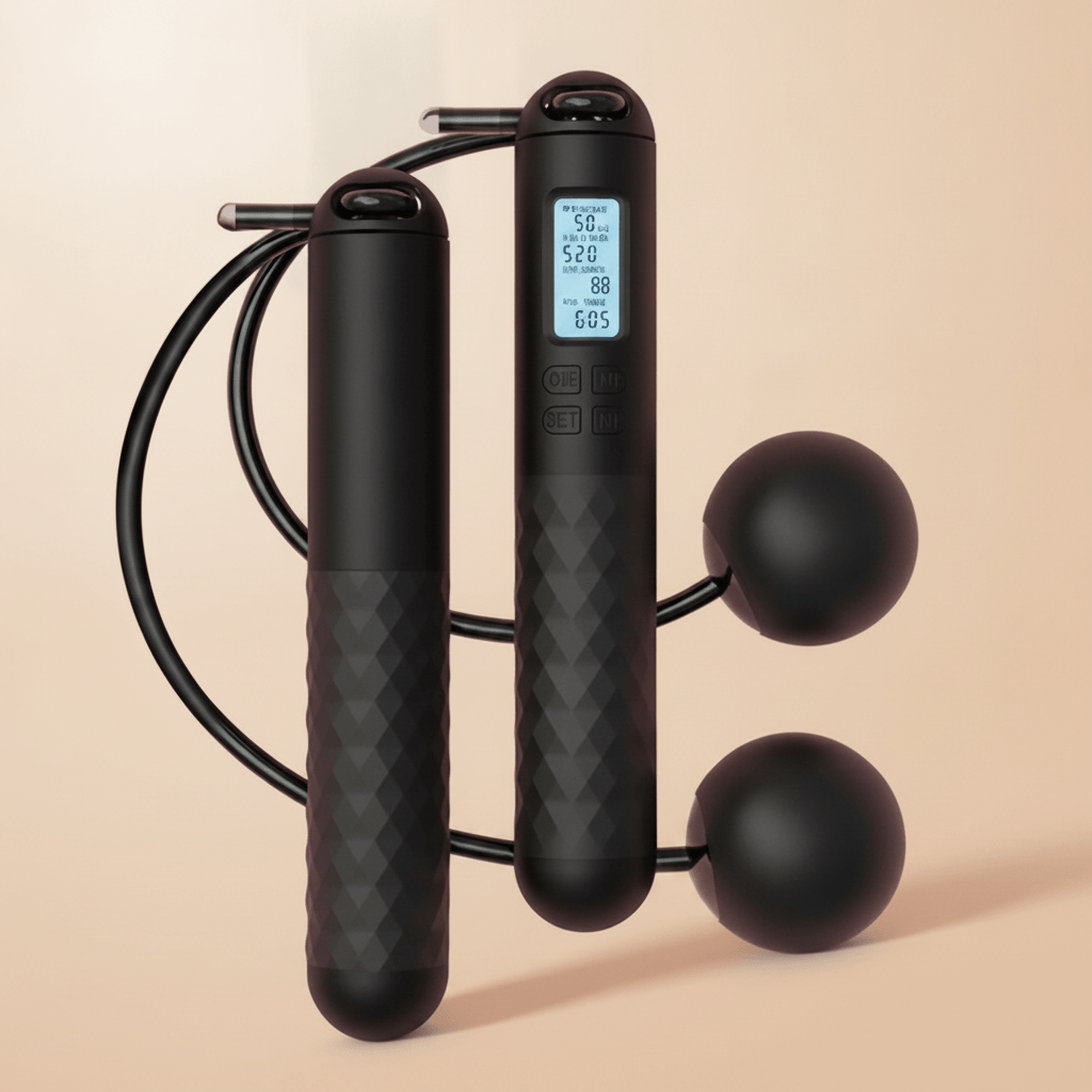 Corde à Sauter Lestée Sans Fil, packshot studio sur fond ivoire doux avec deux poignees noires dont une avec ecran compteur led et deux boules lestees, photo produit premium