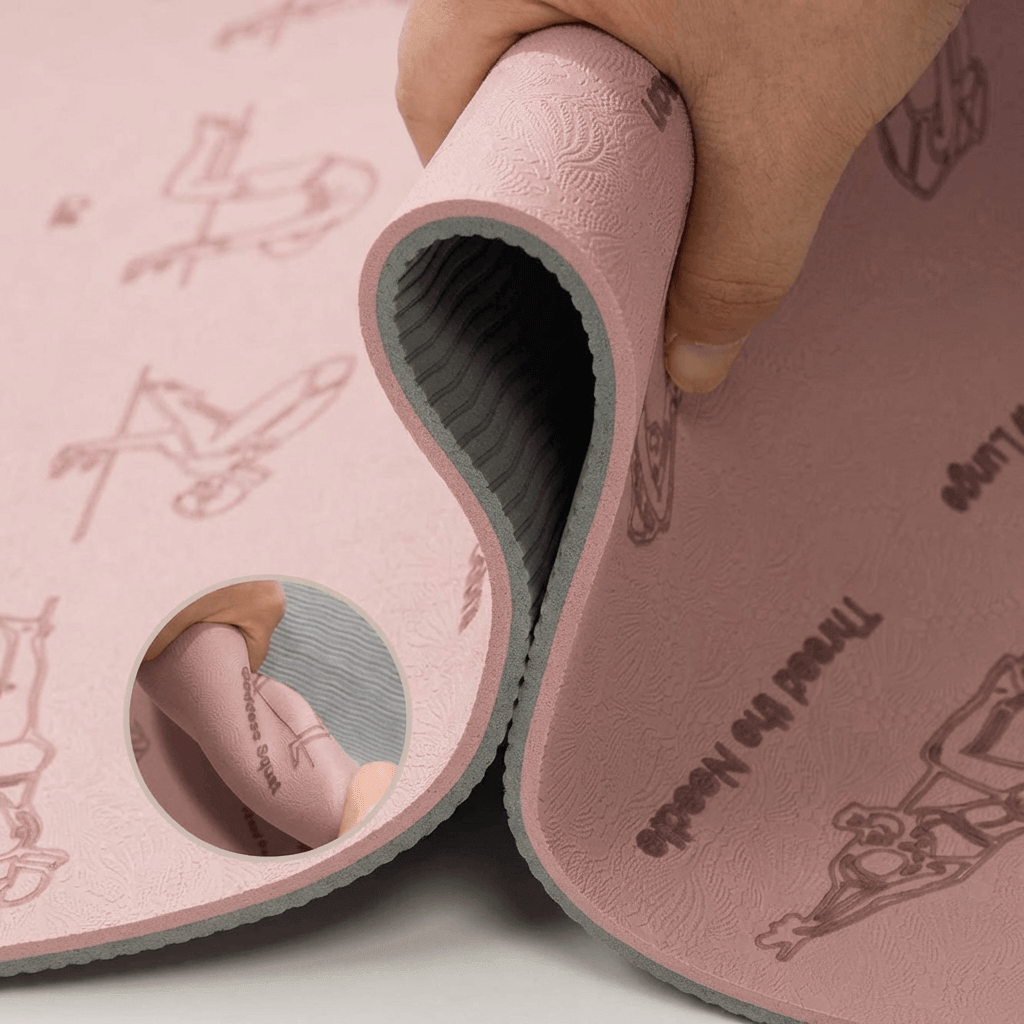 Gros plan tapis de yoga ZEN rose poudré double face, zoom texture antidérapante TPE