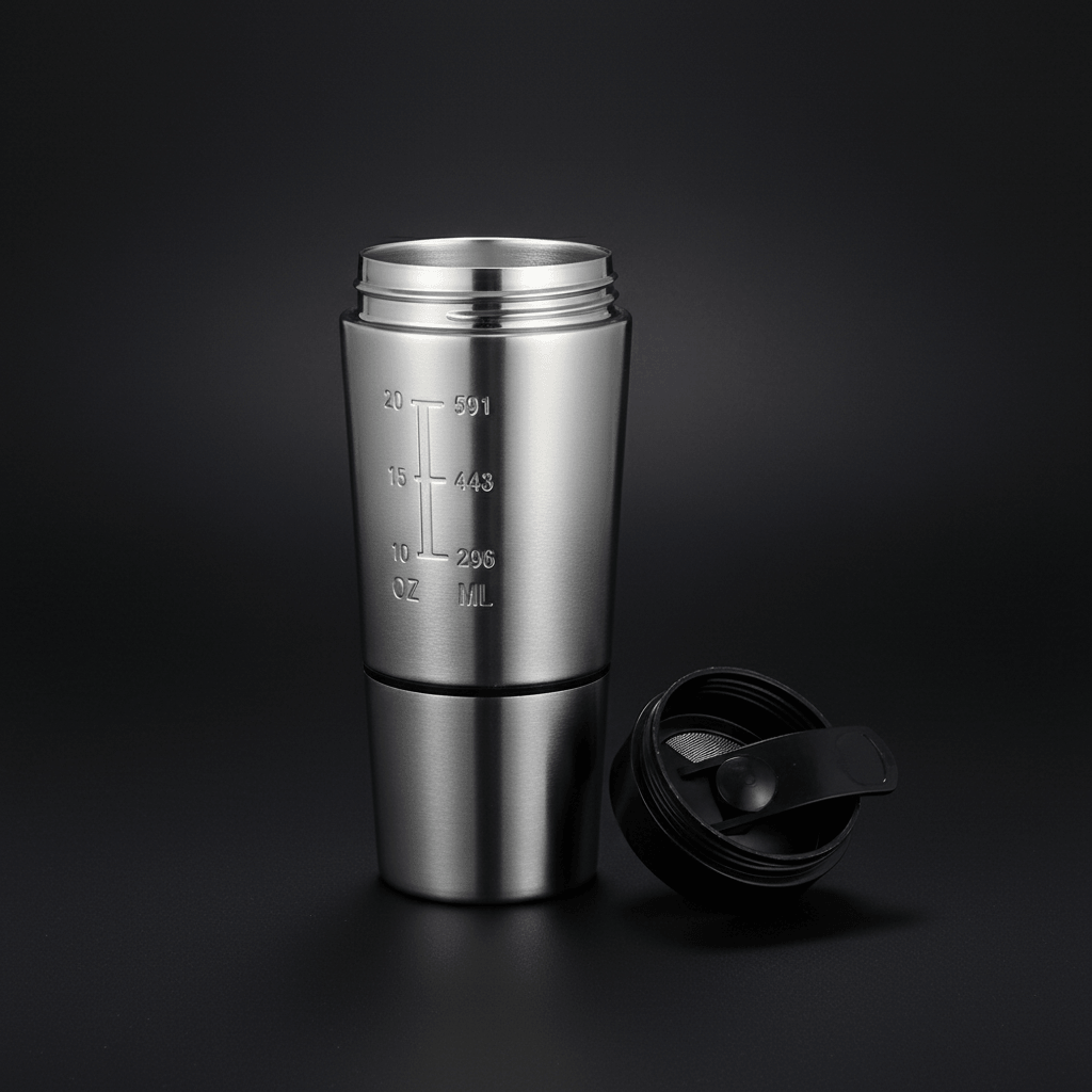 Shaker Protéine en acier inoxydable avec capuchon et gravures de mesure, prêt pour mélanger des boissons nutritives.