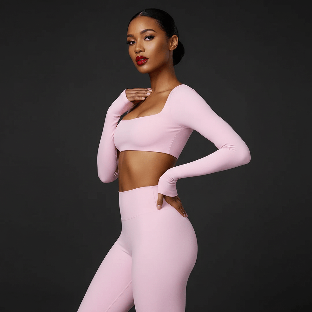 Crop top manche longue technique rose, silhouette féminine élégante en pose naturelle