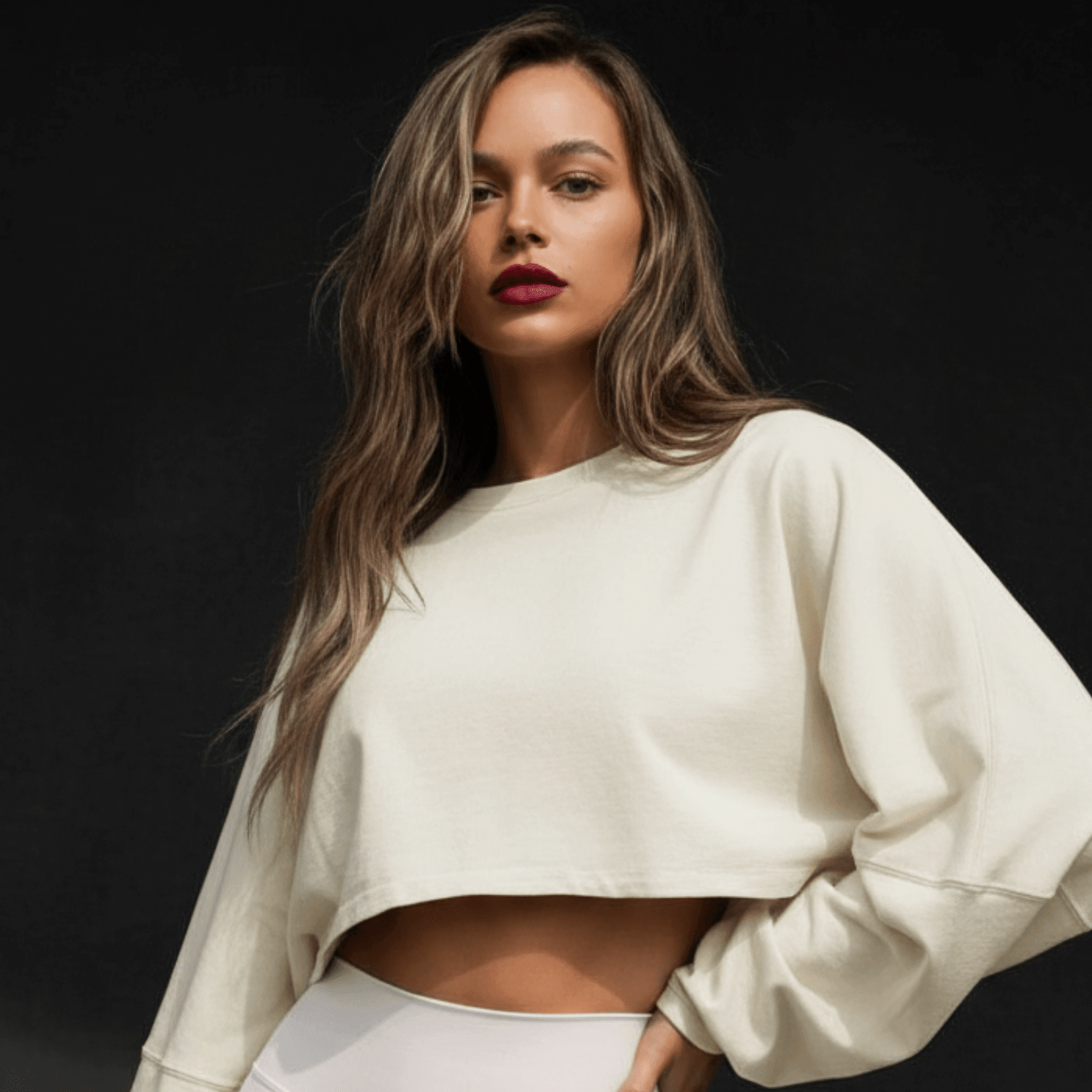 Femme portant un crop top blanc à manches longues, style décontracté, regard sûr et cheveux longaux, arrière-plan sombre. Crop Top Femme Sport.