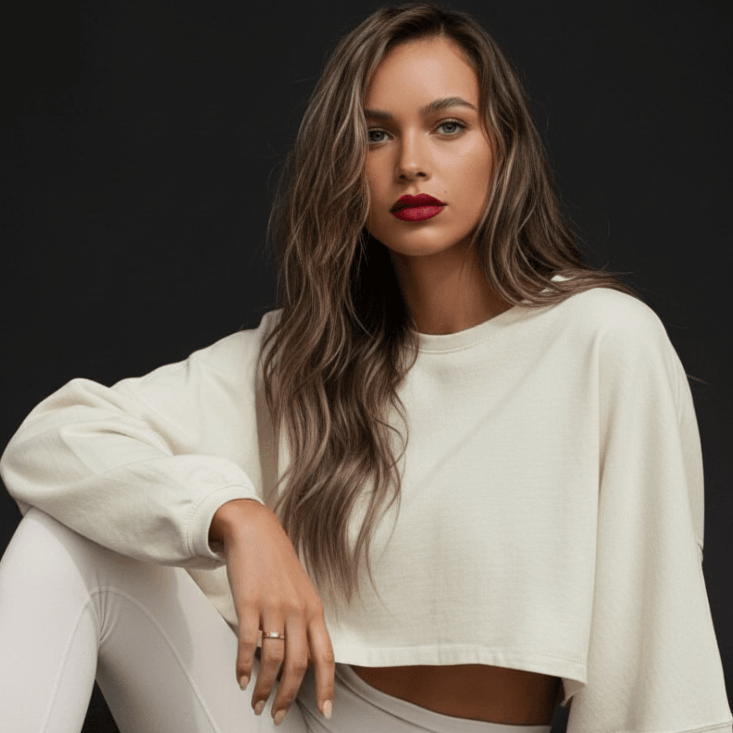 Femme portant un crop top blanc à manches longues, look chic et maquillage rouge, pose décontractée. (Crop Top Femme Sport)