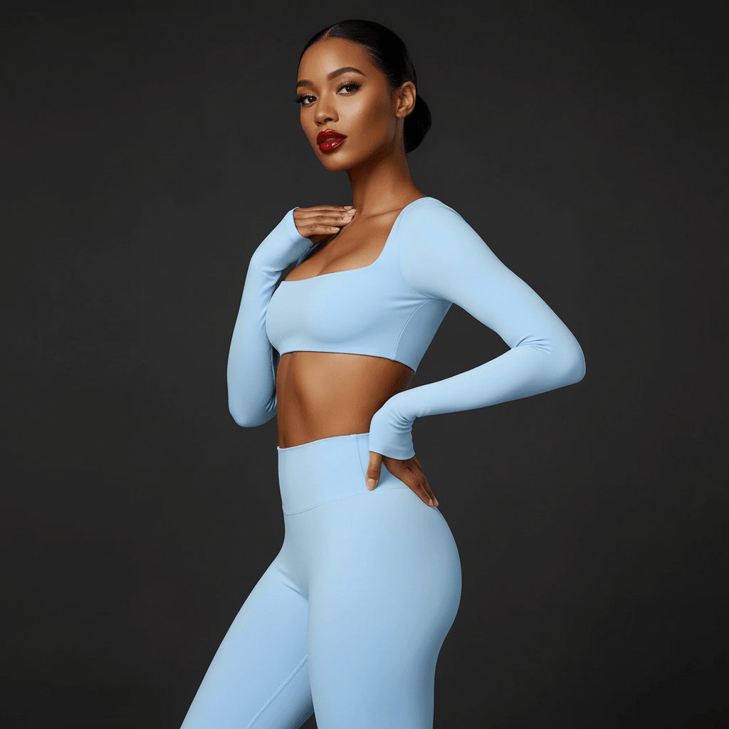 Crop top manche longue bleu clair porté avec élégance, tissu respirant et ajusté
