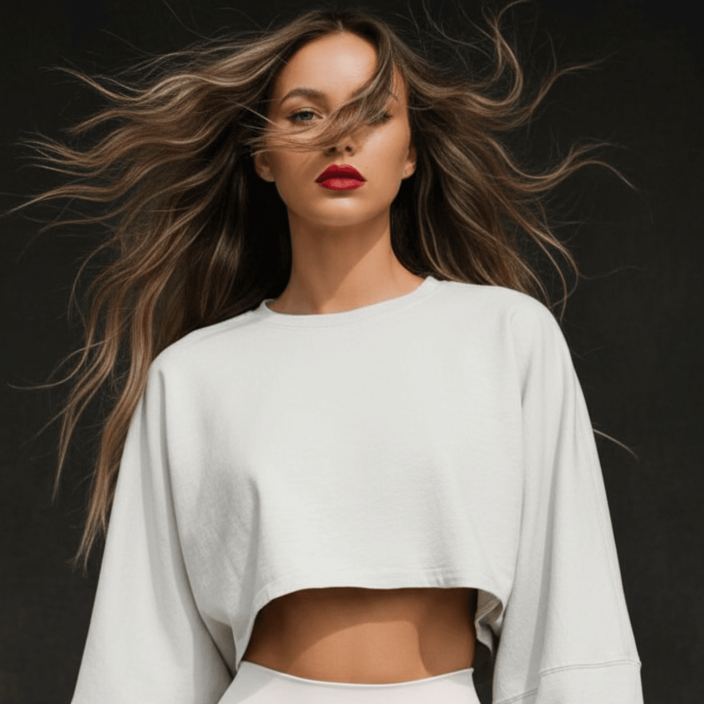 Femme portant un crop top blanc à manches longues, coupe cropped et moulante, cheveux au vent, rouge à lèvres rouge.