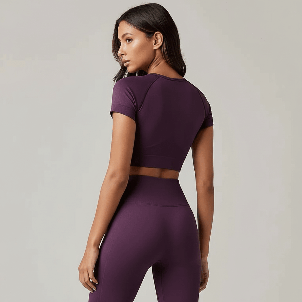 Tee-shirt court sport féminin violet, vue de dos, crop top avec ceinture légère, prêt pour fitness.