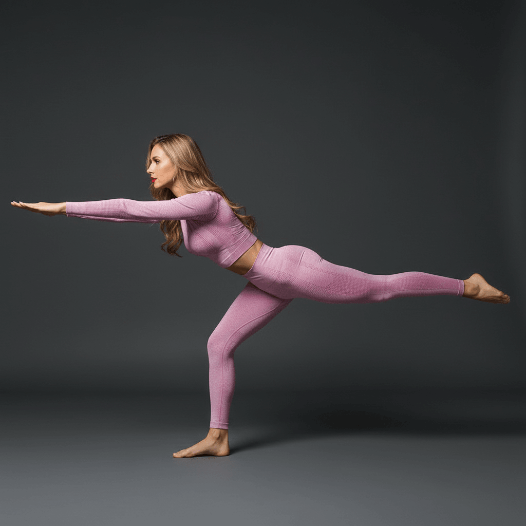 Femme portant un crop top et leggings sport rose pâle, en équilibre sur une jambe en position yoga dynamique.