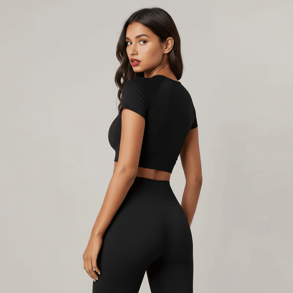 Crop top court femme et legging assorti, modèle vu de dos, haut court à manches courtes et pantalon sportif à taille haute.