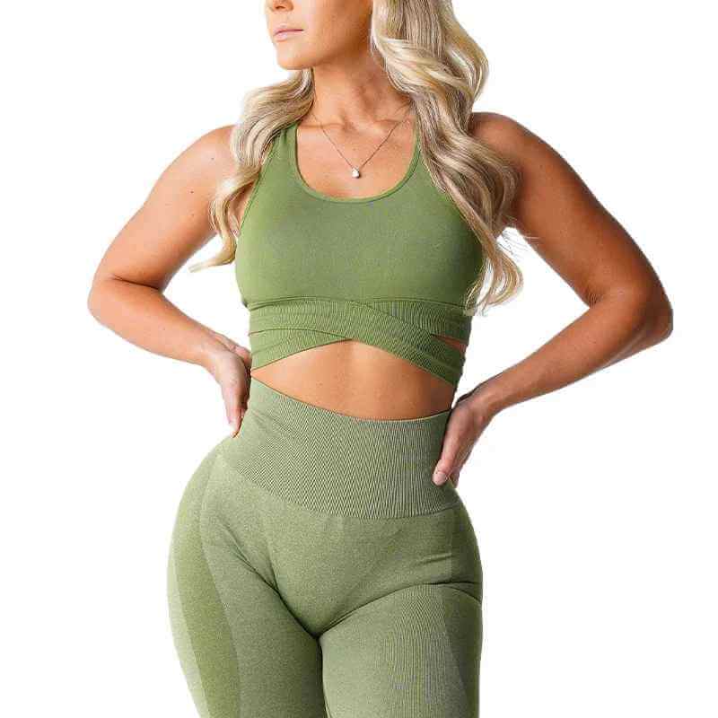 Brassière sport sans couture et legging assorti vert kaki, ensemble de sport avec Bretelles croisées et taille haute. XS-L.