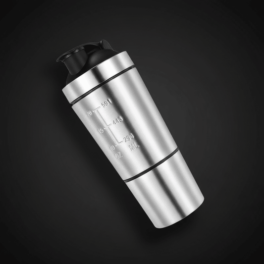 Shaker métallique en acier inoxydable, capuchon noir et gobelet gradué, idéal pour préparer des boissons protéinées.