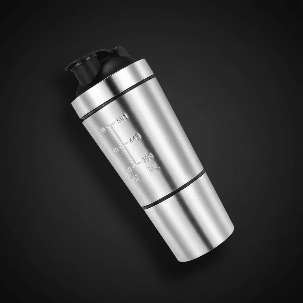 Shaker en acier inoxydable avec bouchon noir, graduations visibles et couvercle à fermeture, idéal pour préparer des boissons protéinées.