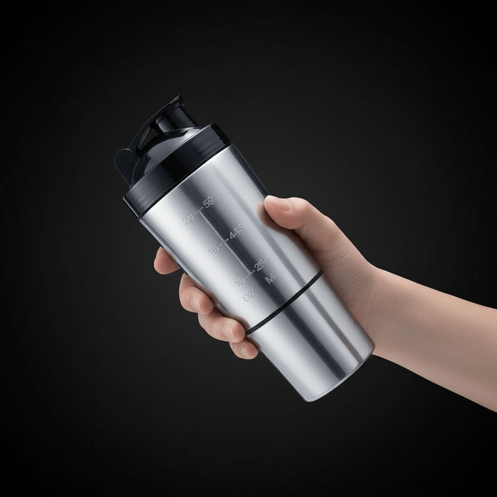  Détail de la graduation interne du shaker en métal pour un dosage précis des protéines.