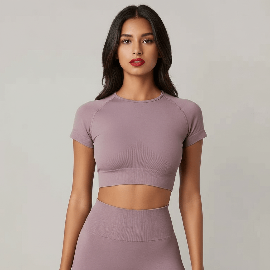 Détail du tissu technique stretch et anti-frottement du crop top sport femme sans couture