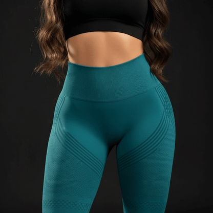 Pack Positiflow: Protocole peau lisse & tonique, bas/vitalité corporelle exhibant leggings bleus et abdomen tonique.