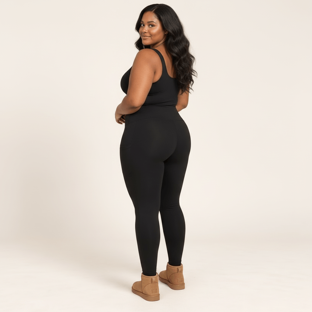 Collant polaire grande taille noir vu de dos, ceinture taille haute