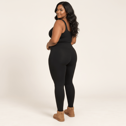 Collant polaire grande taille noir vu de dos, ceinture taille haute