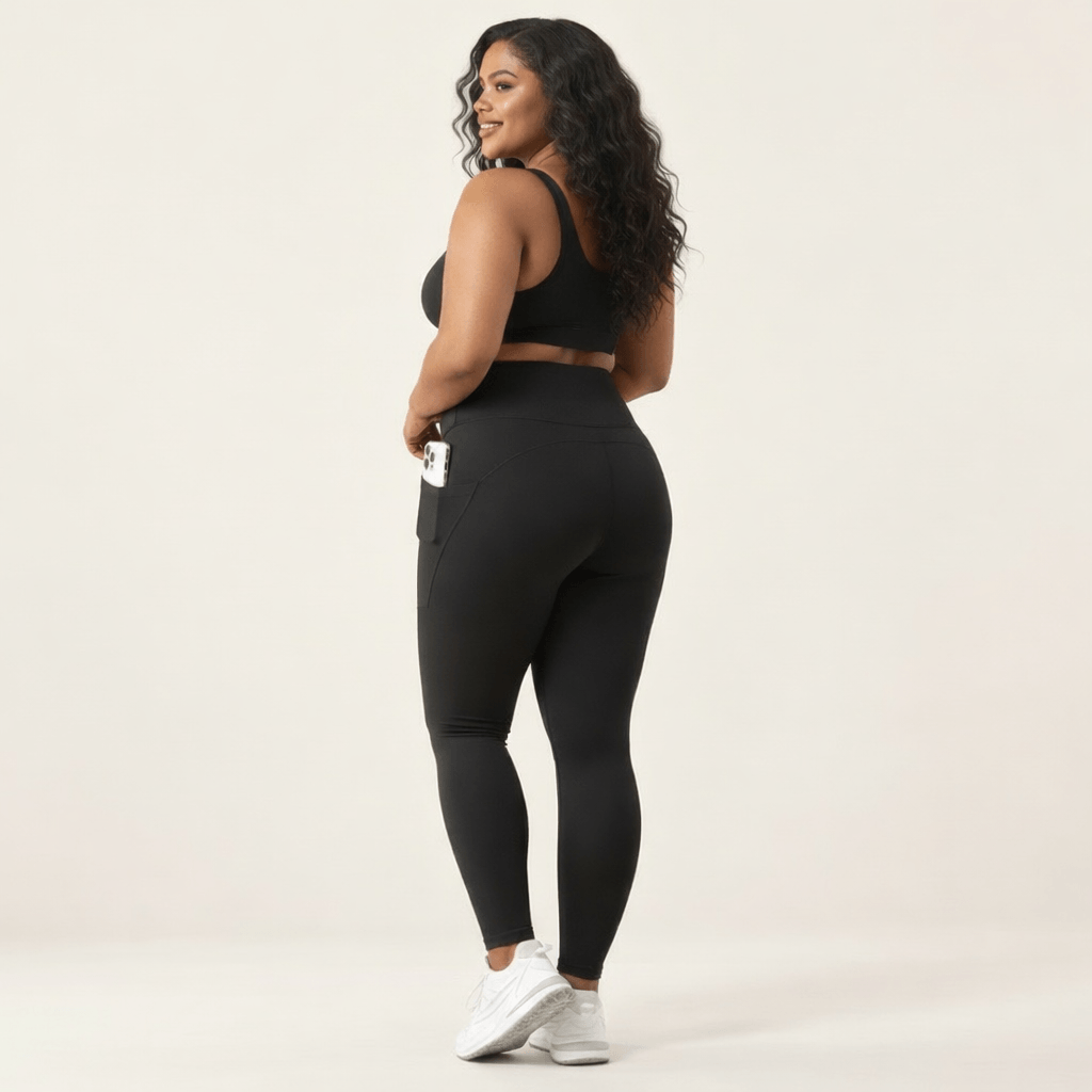 Legging randonnée femme grande taille noir vu de dos, téléphone dans la poche