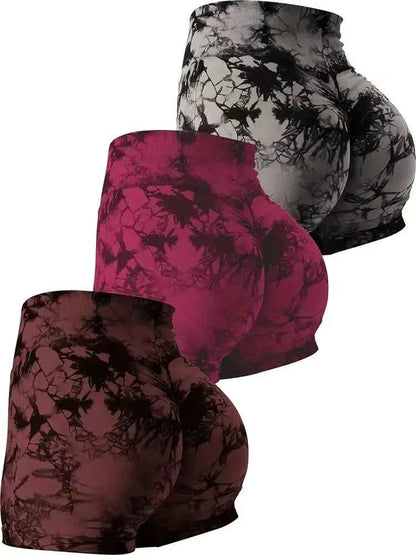 Ensemble 3 shorts sport femme tie-dye plissés taille haute, coupe sculptante pour silhouette sublimée