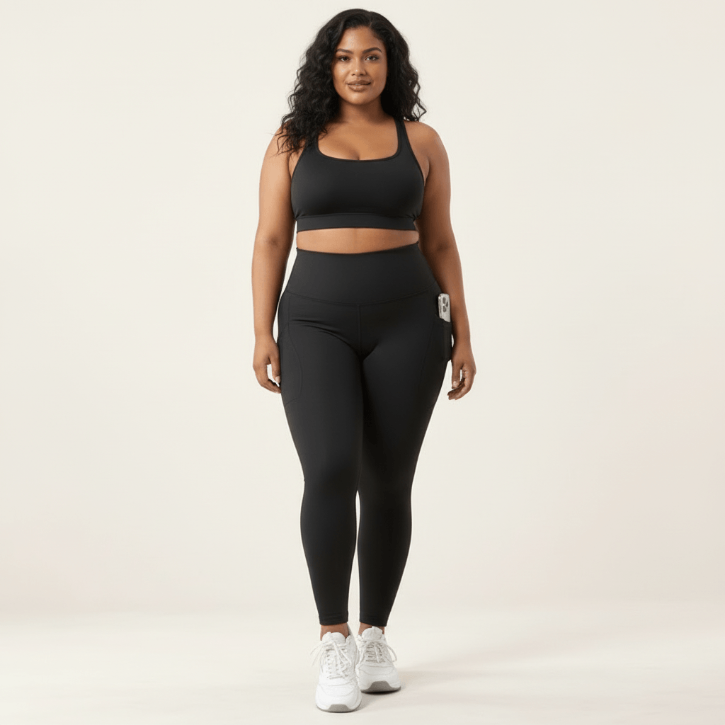 Legging randonnée femme grande taille noir vu de face, taille haute et poches latérales