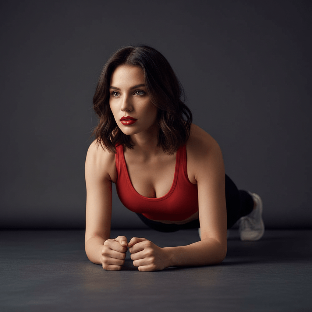 Femme active en position planche avec un soutien-gorge de sport antichoc