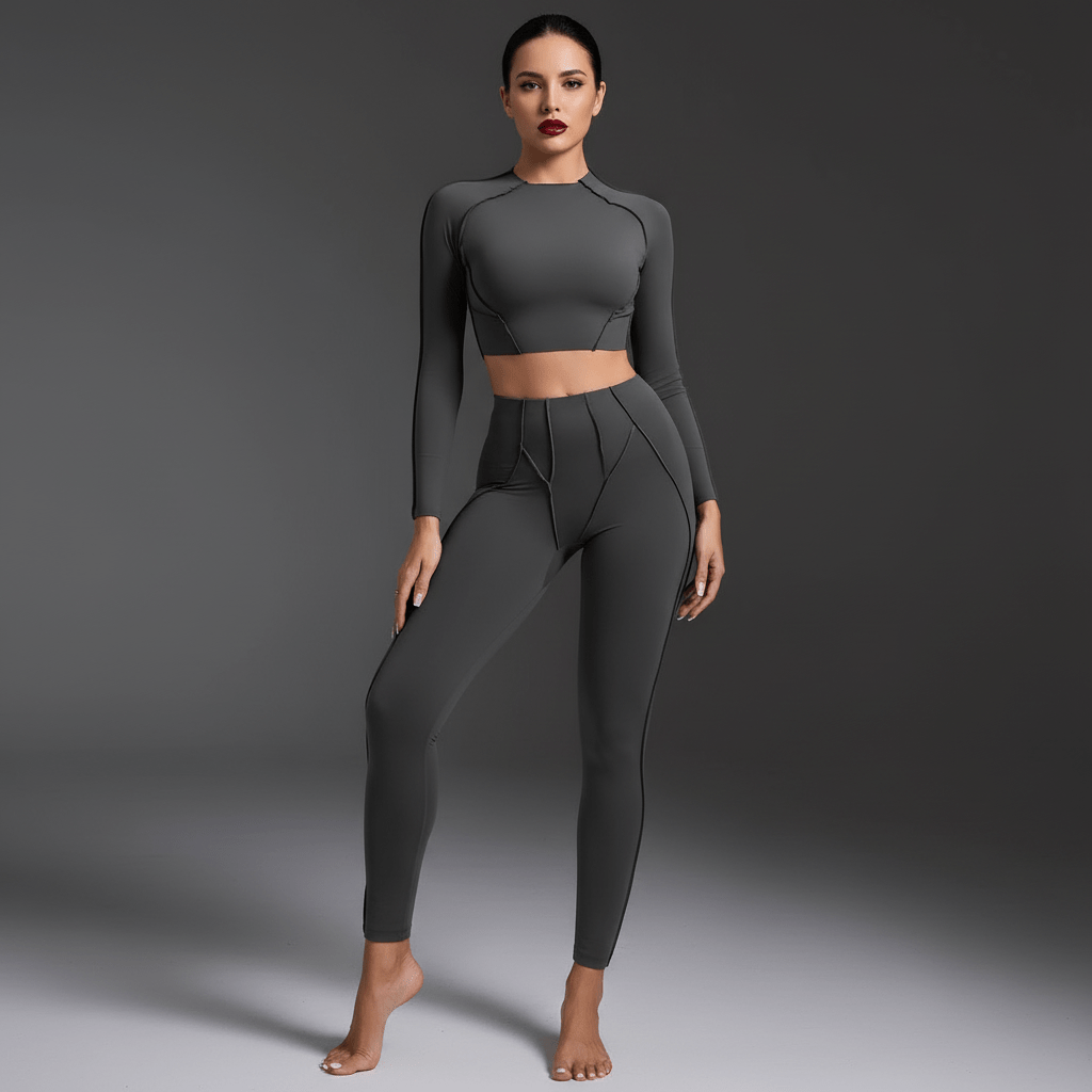 Femme debout face caméra en top yoga gris, rouge à lèvres glossy, studio professionnel