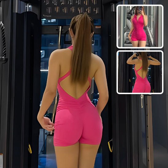 Femme en combie shorte pratiquant yoga, combinaison dos nu parfaite pour postures