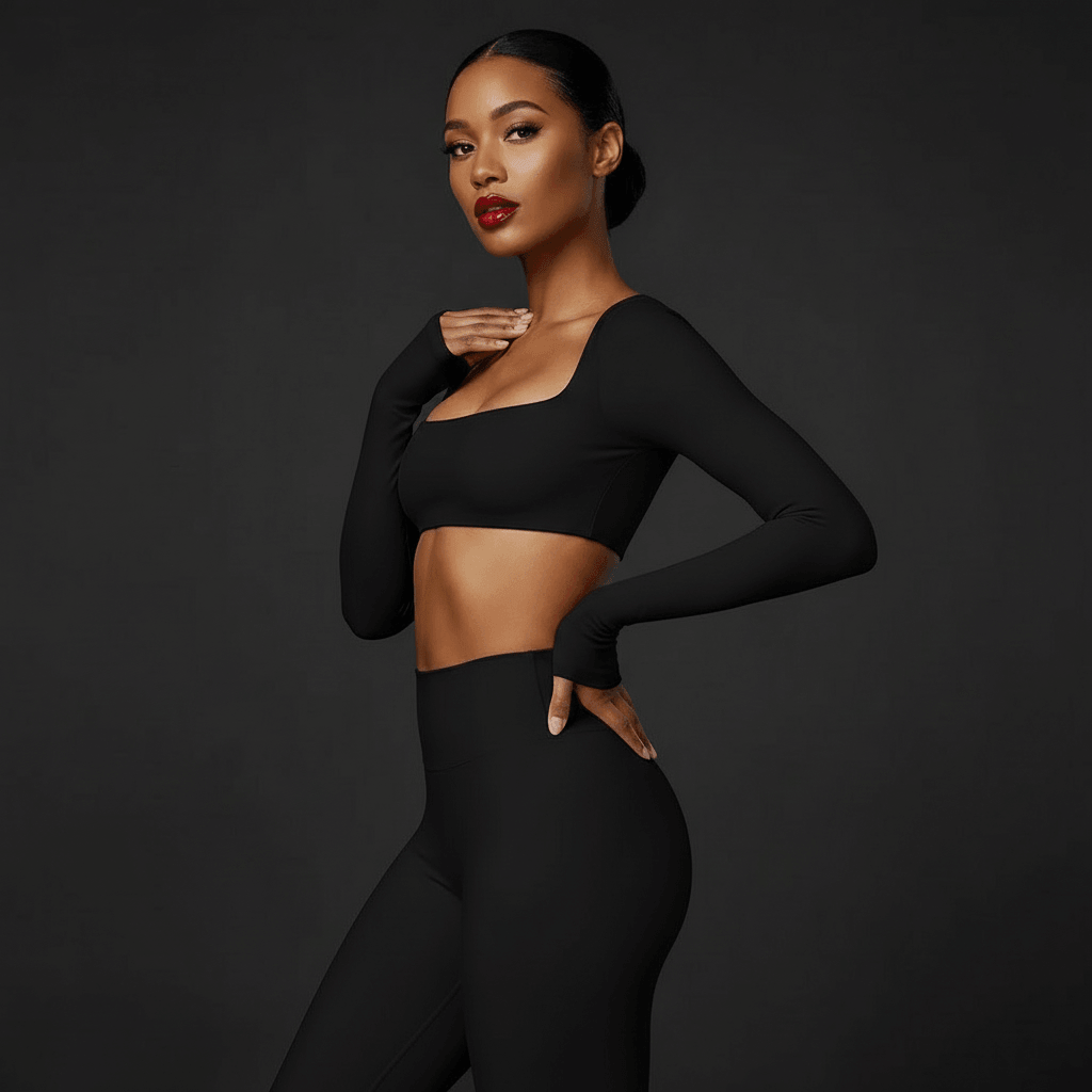 Femme en crop top manche longue noir, posture décontractée, lumière professionnelle