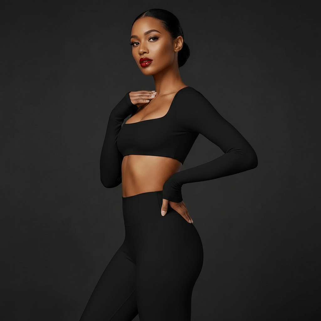 Femme en crop top manche longue noir, posture décontractée, lumière professionnelle