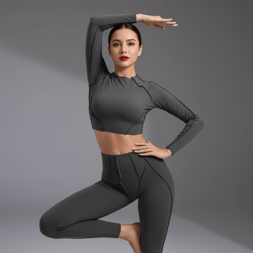 Femme en position yoga douce, vêtue d’un top crop gris et legging technique