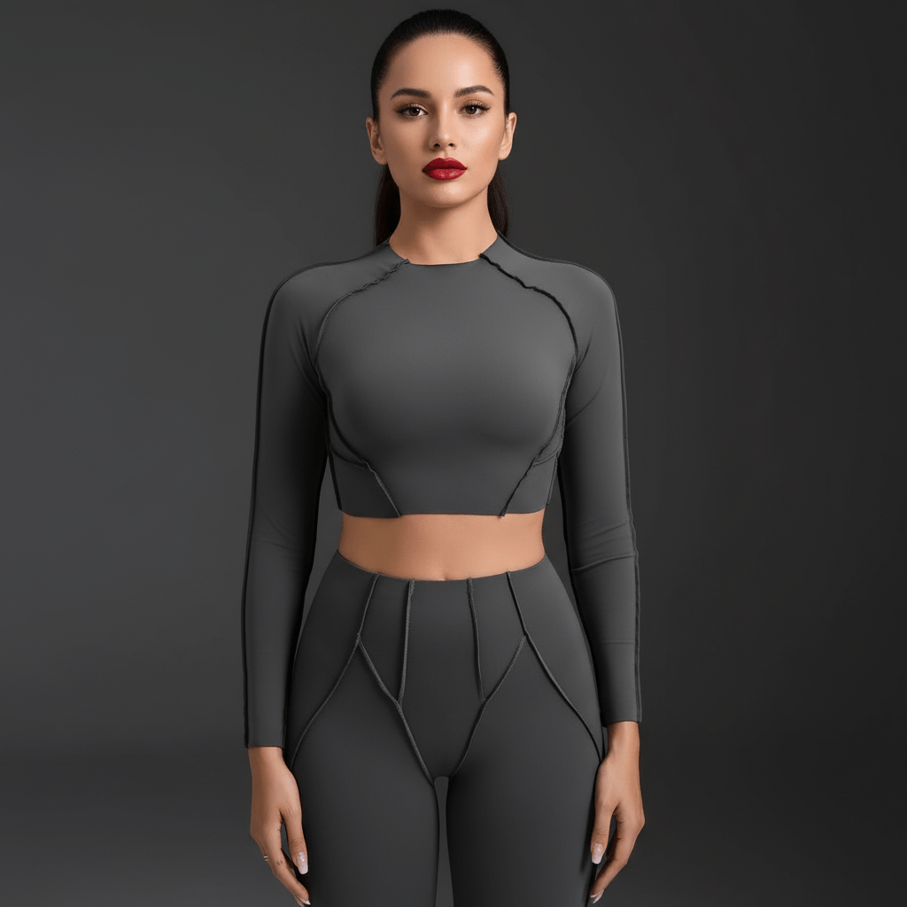 Femme en tenue yoga gris foncé, top crop et legging, pose élégante en studio sombre