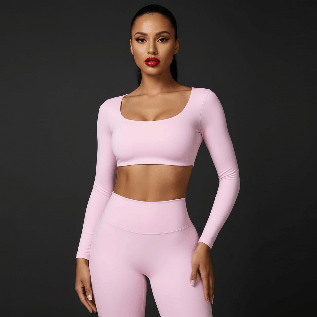 Femme portant un crop top manche longue rose poudré , vue de face en studio minimaliste
