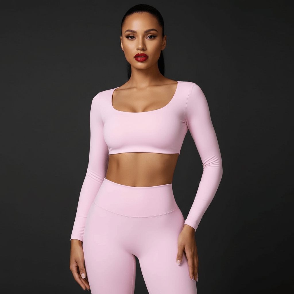 Femme portant un crop top manche longue rose poudré , vue de face en studio minimaliste