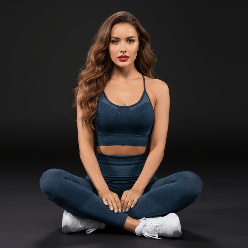 Femme assise élégamment en tenue de sport bleue ajustée, avec crop top et legging taille haute, posture gracieuse, cheveux lâchés, ambiance studio minimaliste et mystérieuse.