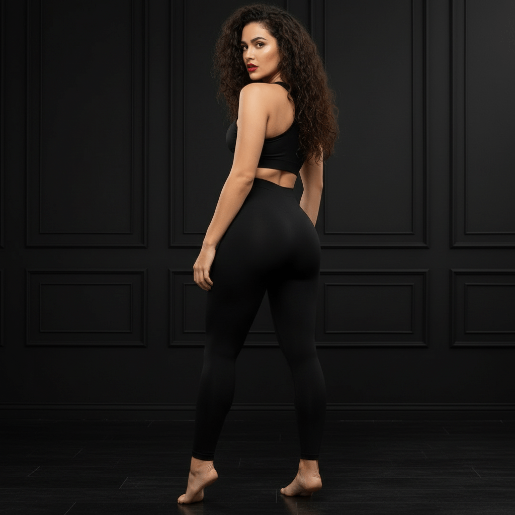Femme de dos en leggings noirs amincissants taille haute, mettant en avant l'effet gainant et la silhouette affinée