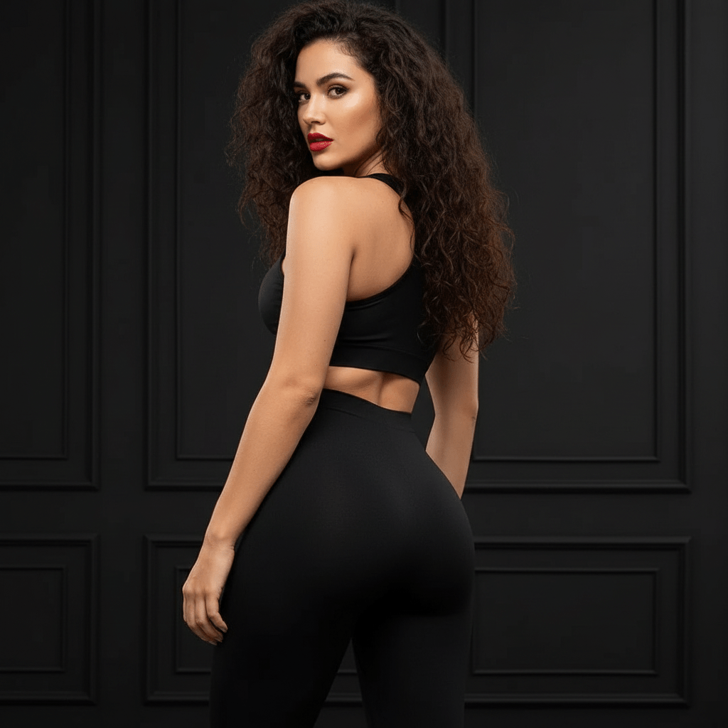 Femme de dos portant des leggings noirs gainants, mettant en avant la silhouette affinée et l'effet ventre plat