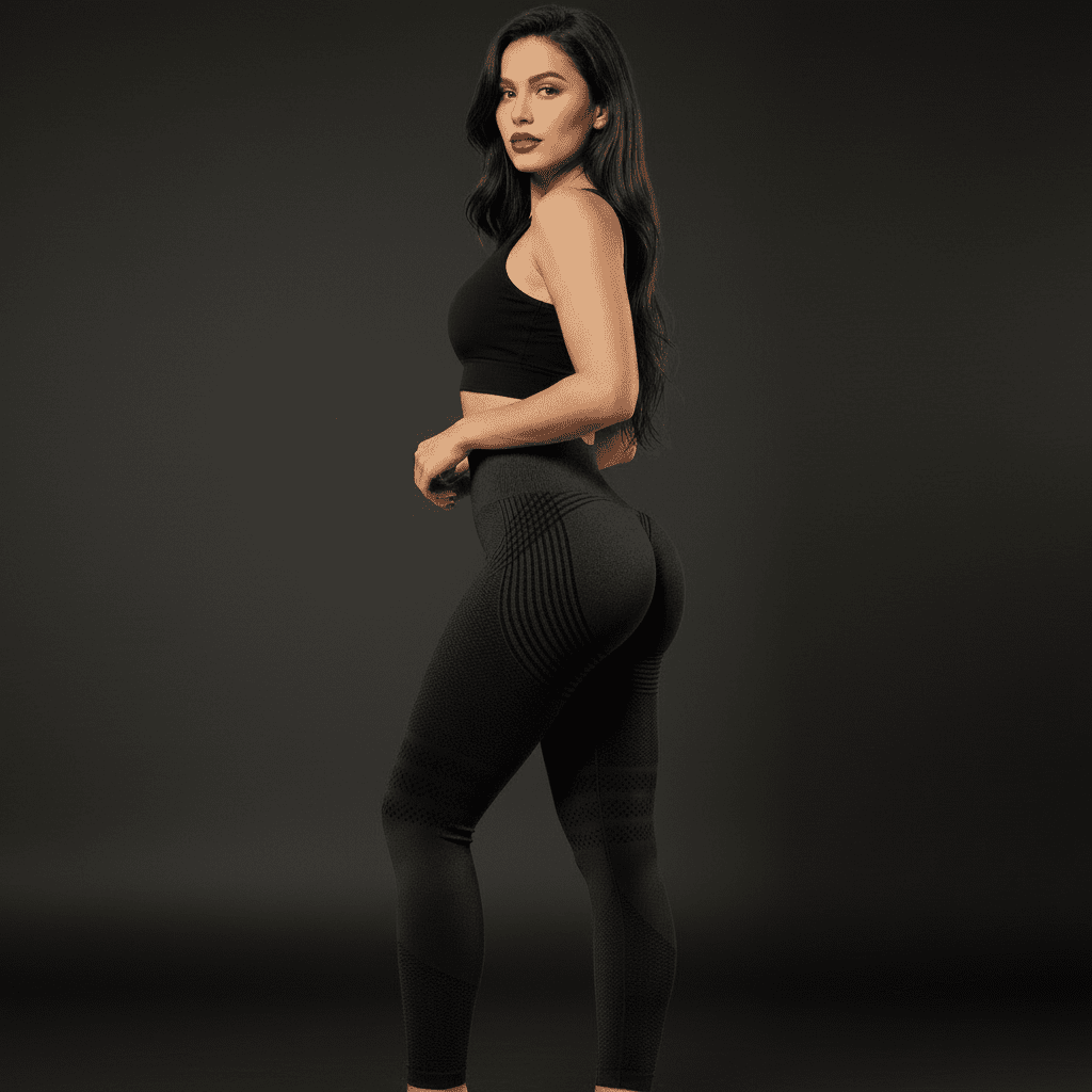 Femme debout de profil portant un legging push-up 3D noir effet sculptant et une brassière noire, texture alvéolée visible, fond studio sombre minimaliste, cheveux longs lâchés, rouge à lèvres rouge intense, style premium POSITIFLOW